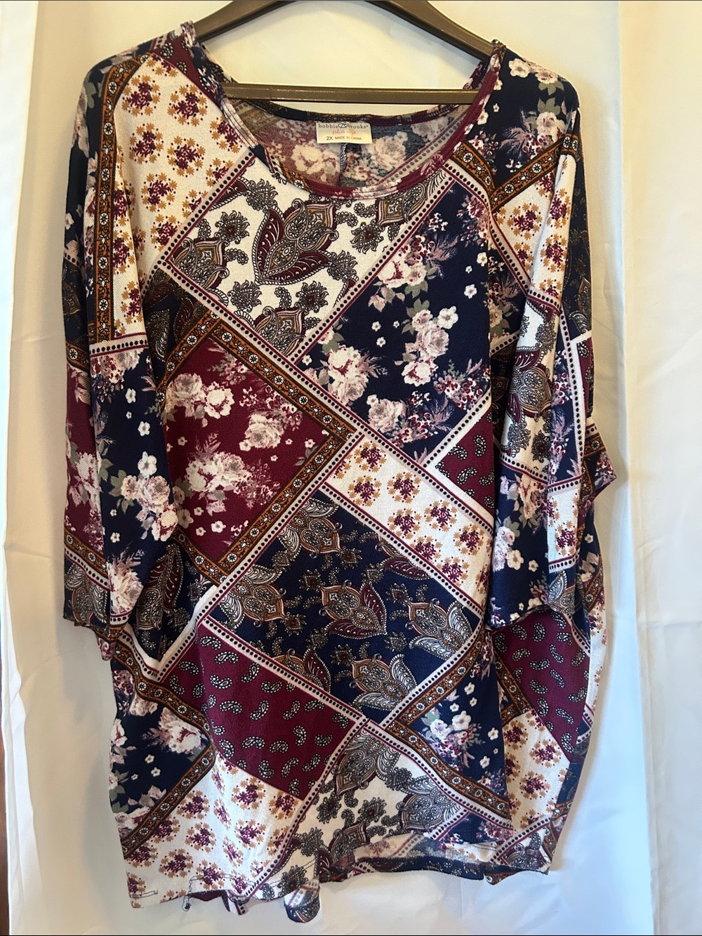 Bobbie Brooks Patchwork Paisley Floral Blouse - Burgundy & Navy
